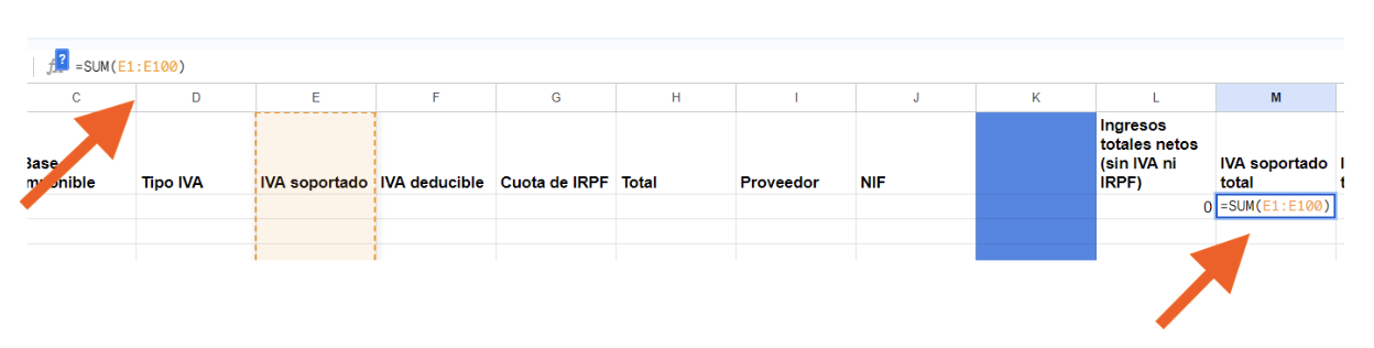 Pantalla de la hoja de Excel de Google de ingresos y gastos, donde el autónomo debe ingresar en la columna M