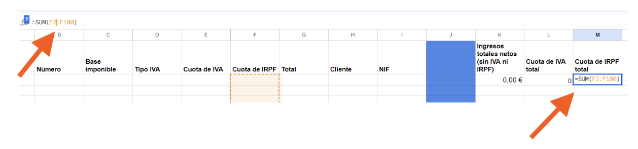 Pantalla del Google Excel de ingresos y gastos donde el autónomo visualiza en la columna M