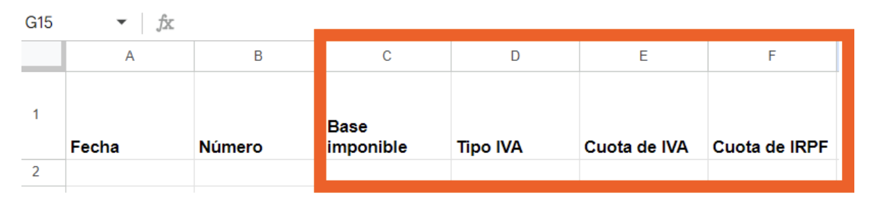 Pantalla del Google Excel de ingresos y gastos donde se muestra la siguiente información: Base imponible, Tipo IVA, Cuota de IVA y Cuota IRPF.