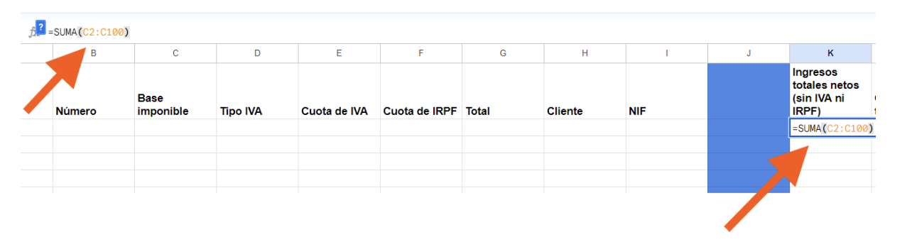 Pantalla del Google Excel de ingresos y gastos en donde el autónomo visualiza en la columna K