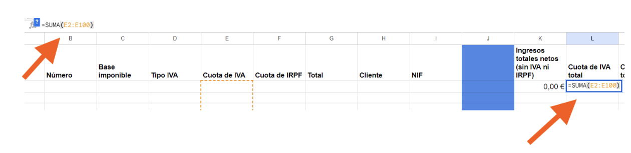 Pantalla del Google Excel de ingresos y gastos donde el autónomo visualiza la cuota del IVA total.