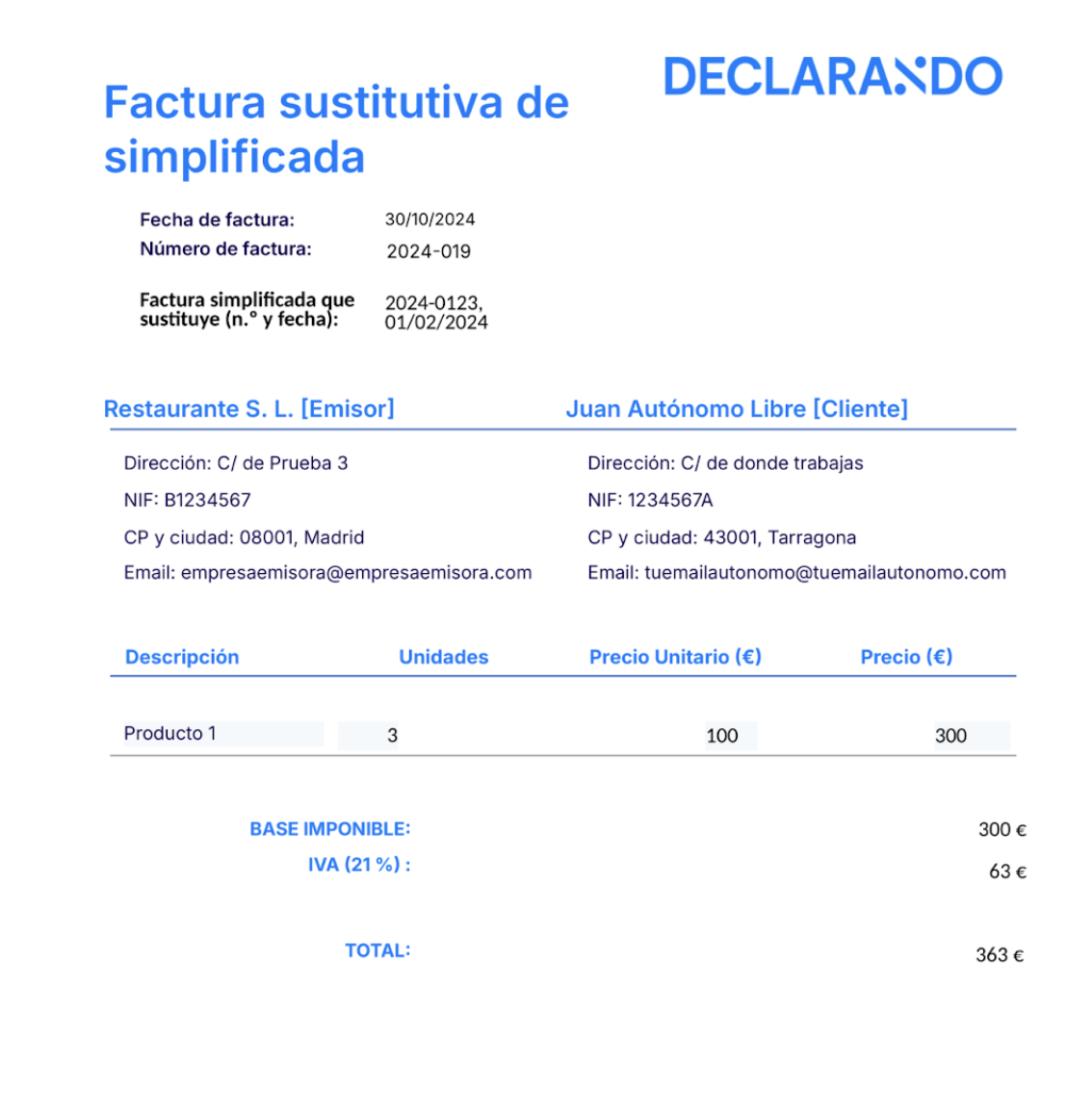 Ejemplo de factura de canje donde se detalla la deducción de IVA.