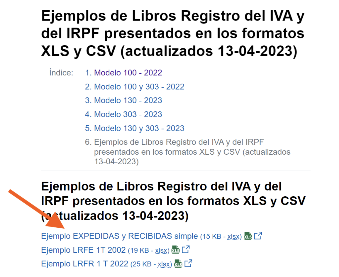 Pantalla de la Agencia Tributaria donde se señala el ejemplo de libros de registros del IVA y del IRPF presentados en los formatos Excel y CSV.