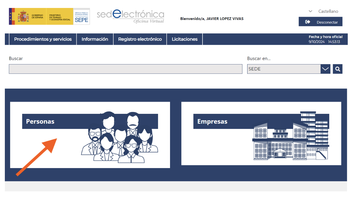 Pantalla del Servicio Público de Empleo Estatal, sede electrónica, donde se muestra la opción