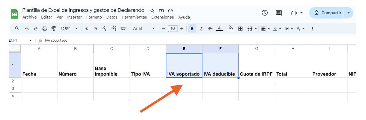 Pantalla de Google Excel donde muestra el contenido de la pestaña de gastos, señalando en columnas separadas: el IVA soportado y el IVA deducible.