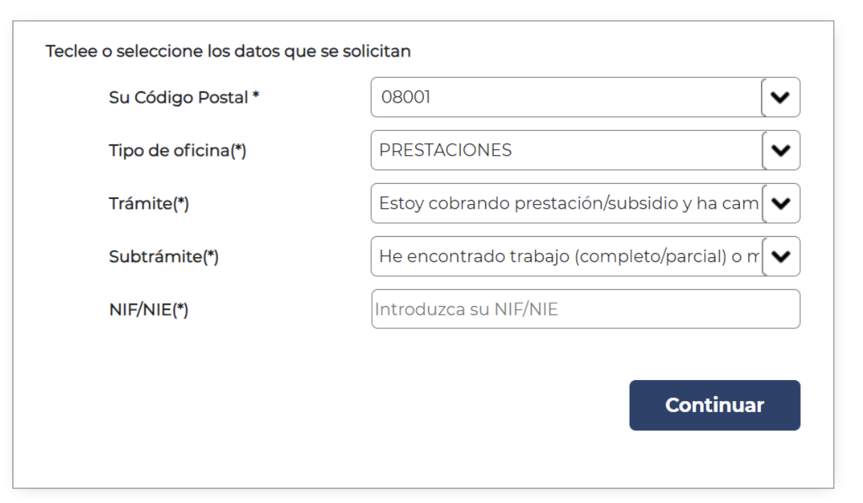 Pantalla donde se visualiza el subtramite: código postal, tipo de oficina, trámite, subtrámite y NIE/NIF.
