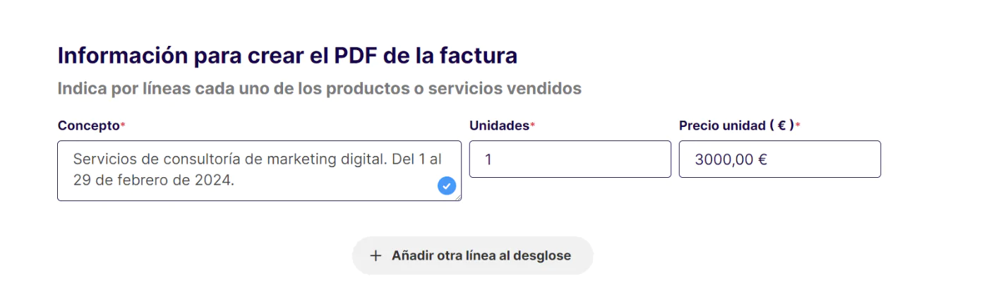 Segundo paso del proceso de cómo hacer una factura electrónica: formulario en el que se ve la descripción del producto o servicio facturado