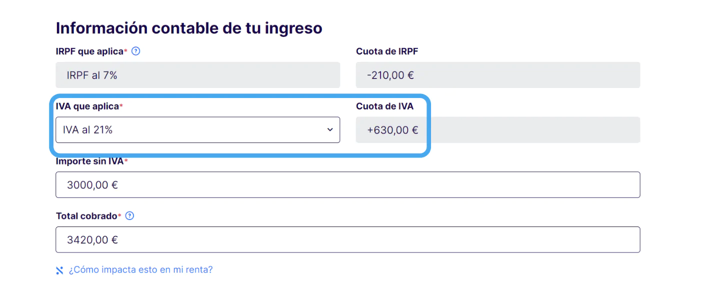 Cuarto paso del proceso de cómo hacer una factura electrónica: formulario en el que se detallan los impuestos de la factura (IVA).