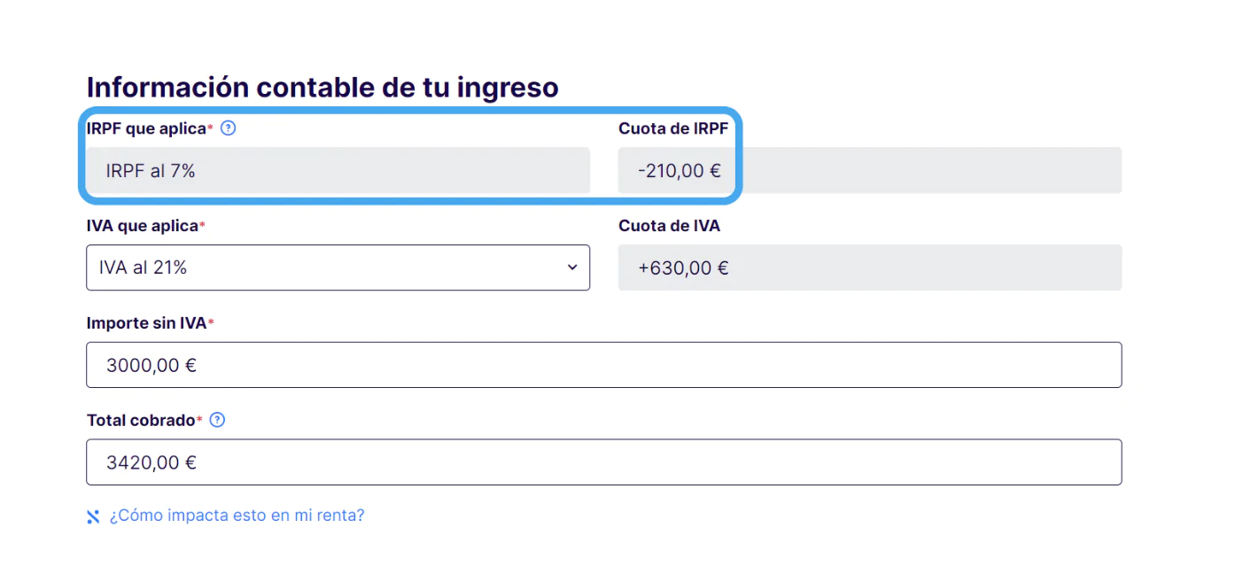 Cuarto paso del proceso de cómo hacer una factura electrónica: formulario en el que se ven los impuestos de la factura, con el desglose de IRPF.