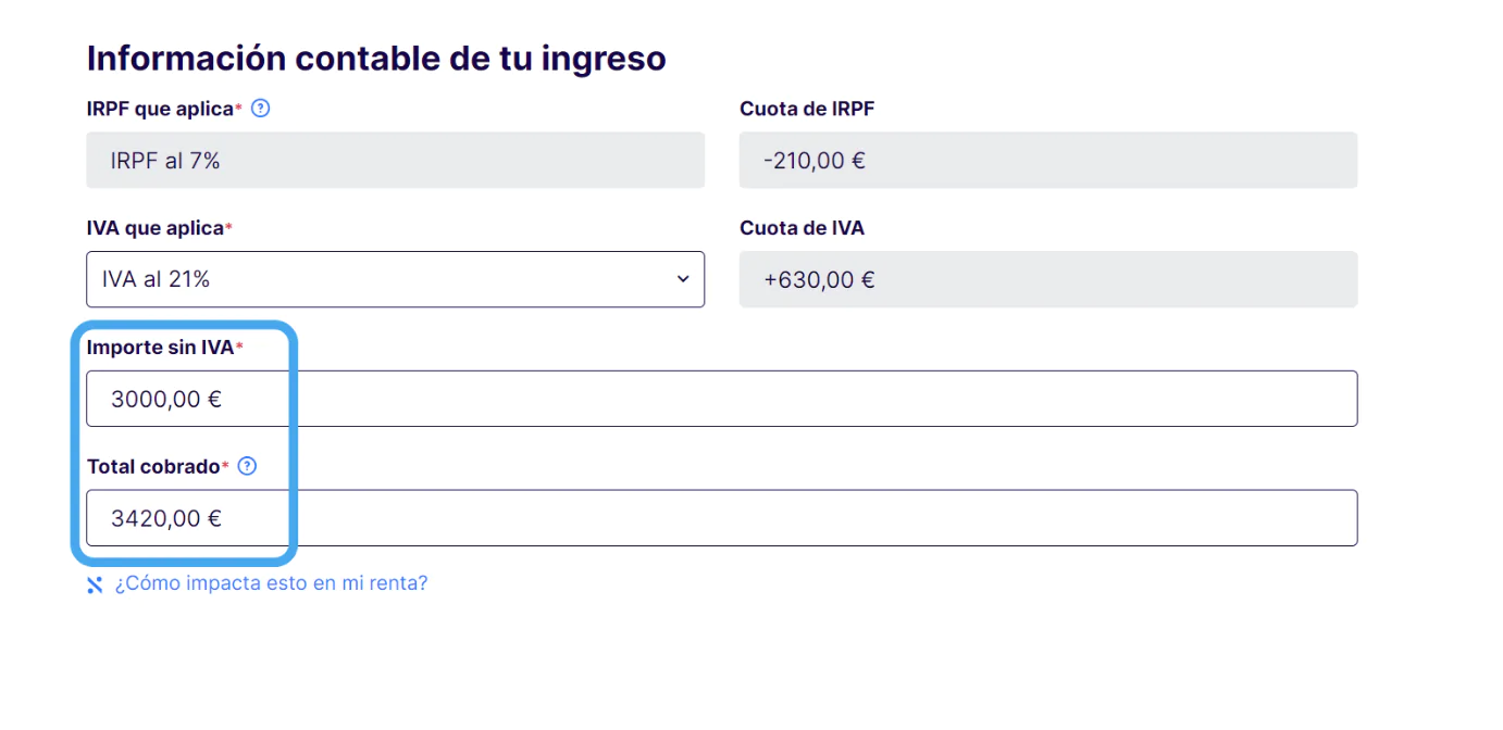 Paso 5 del proceso de cómo hacer una factura electrónica: formulario en el que se ven los importes desglosados