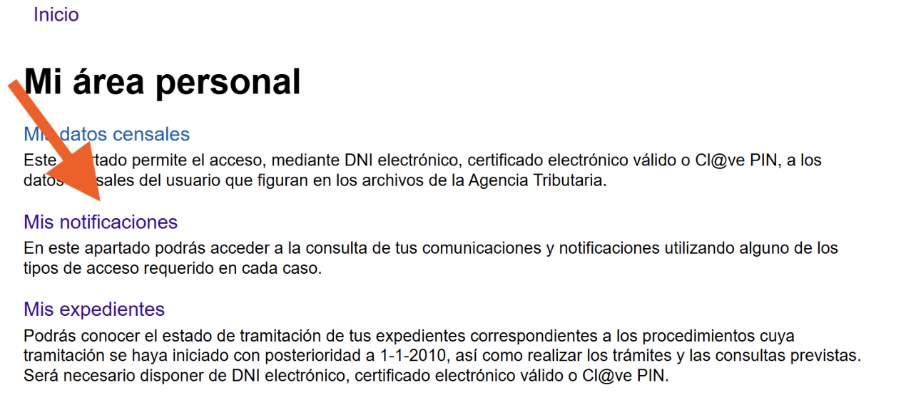 Pantalla de Hacienda donde se señala la opción
