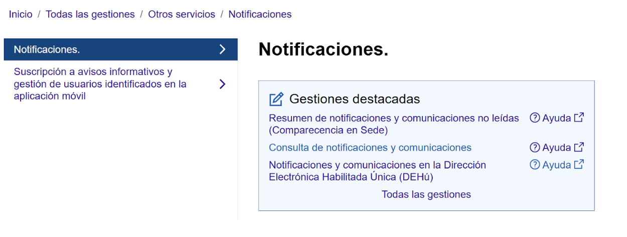 Pantalla de Notificaciones de Hacienda donde se visualiza las Notificaciones y las Gestiones Destacadas