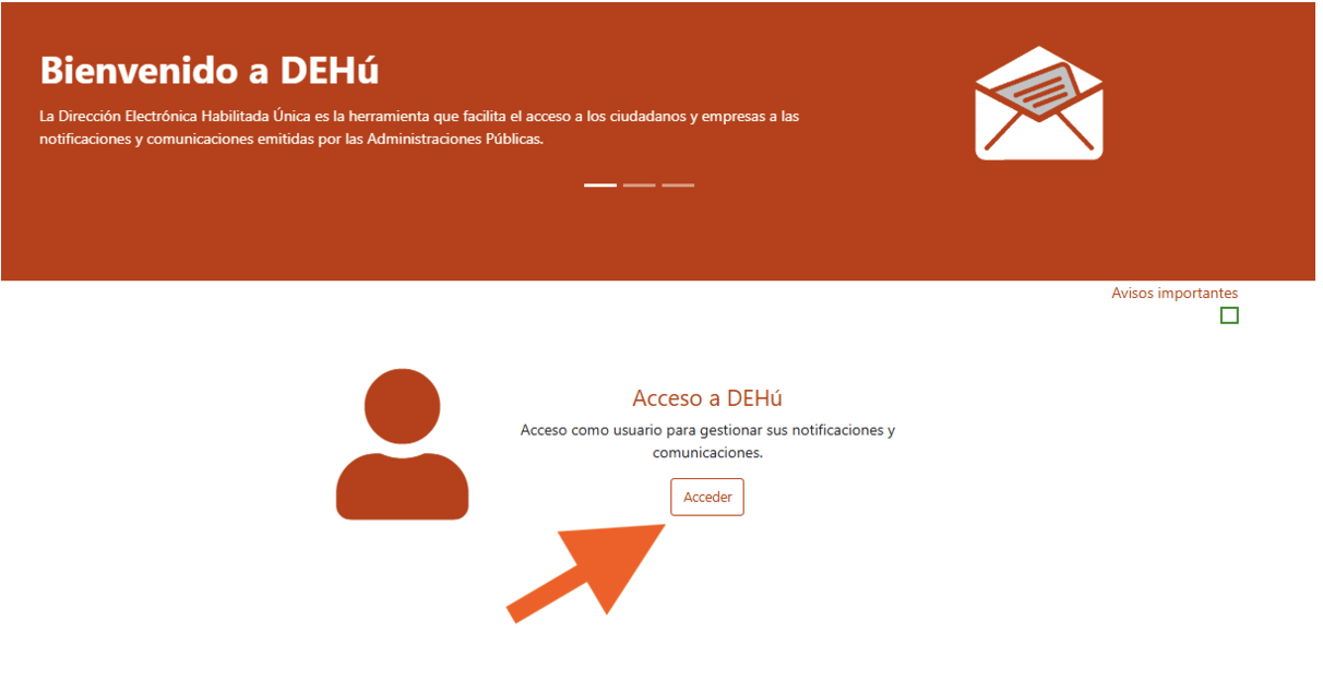 Pantalla de Hacienda donde se visualiza el botón para acceder a la web DEHú para ingresar a las notificaciones de Hacienda.