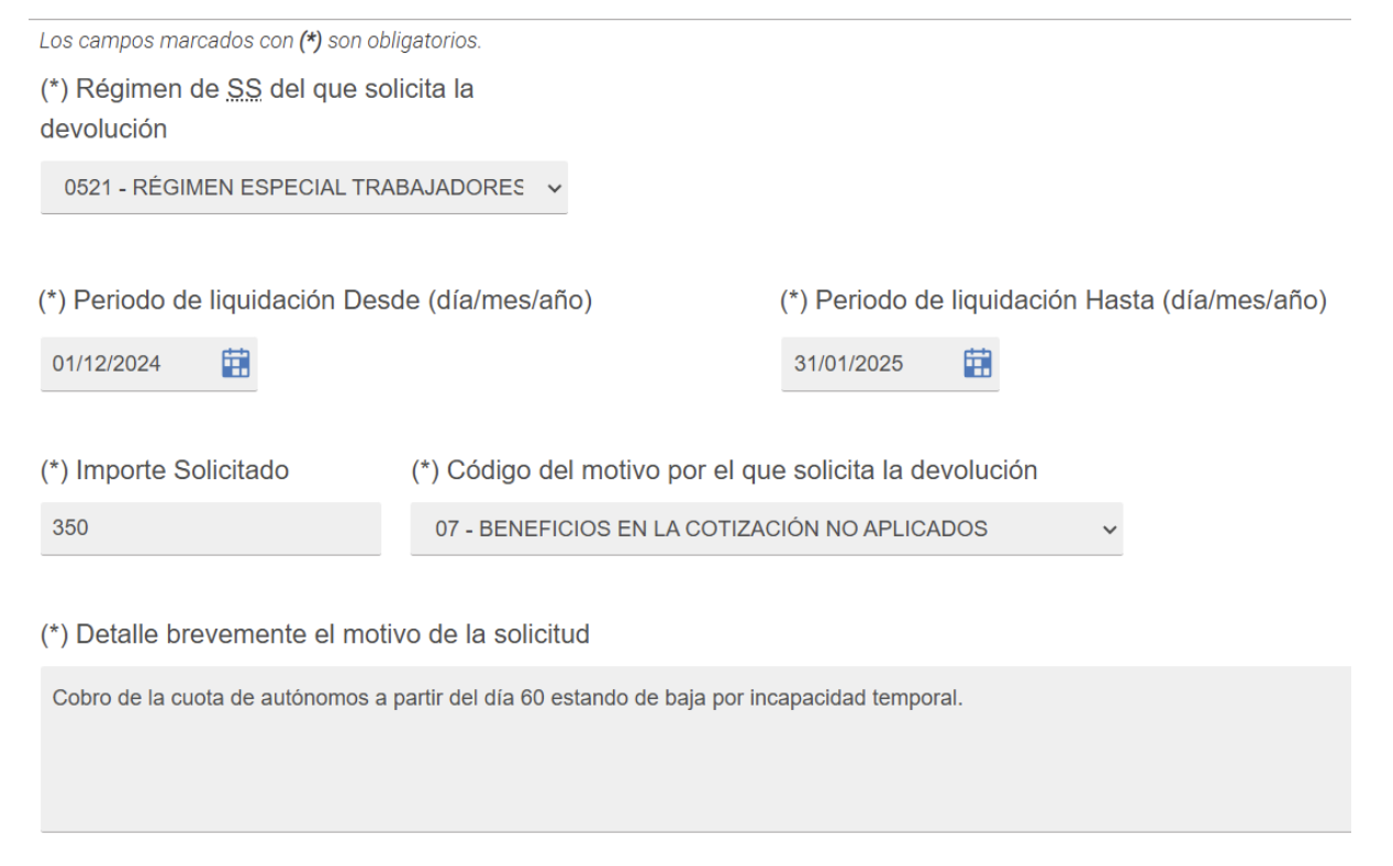 Pantalla donde se solicita por parte del autónomo el cobro de la cuota por incapacidad temporal.