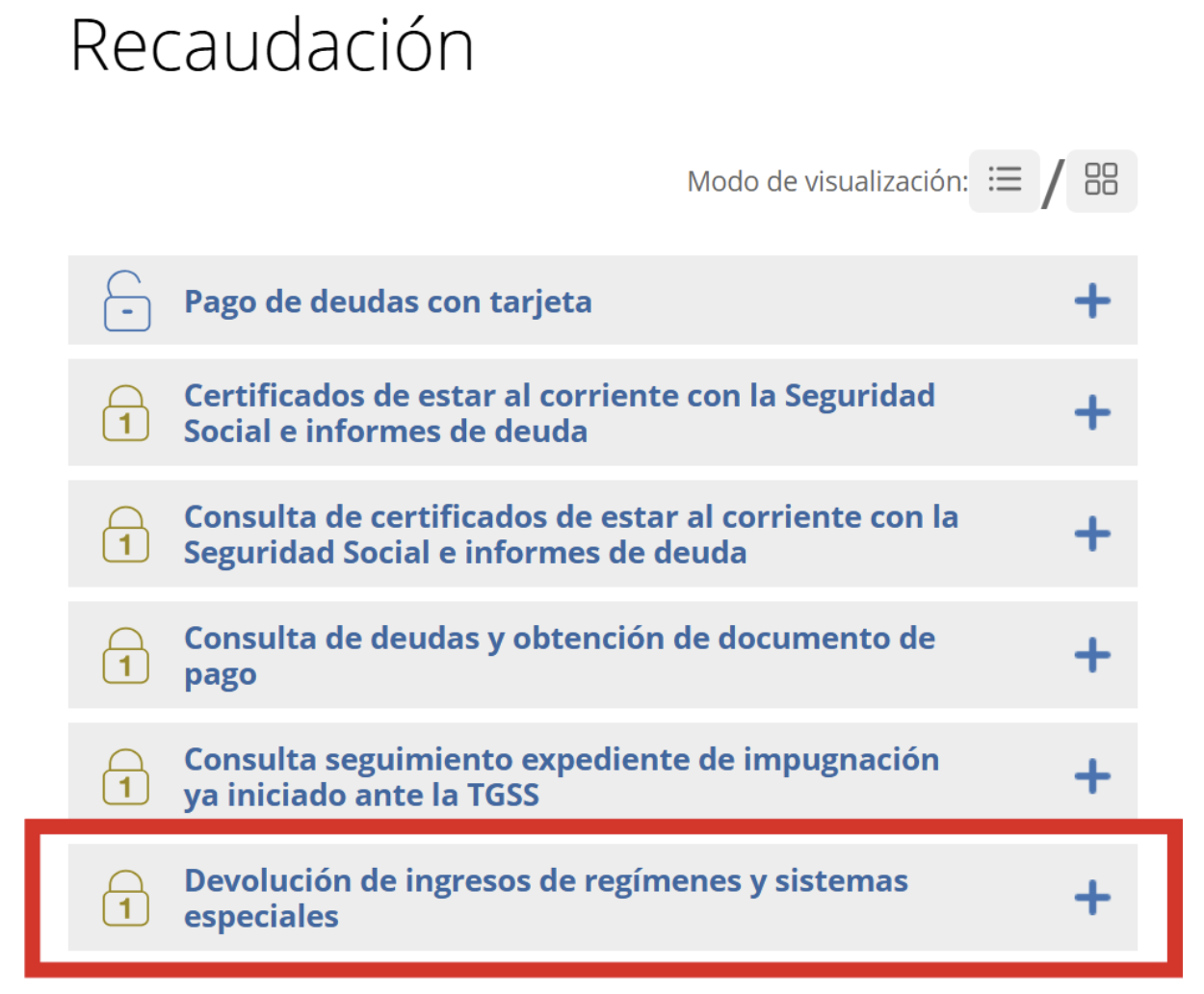 Pantalla de sede electrónica de la seguridad social en la sección de