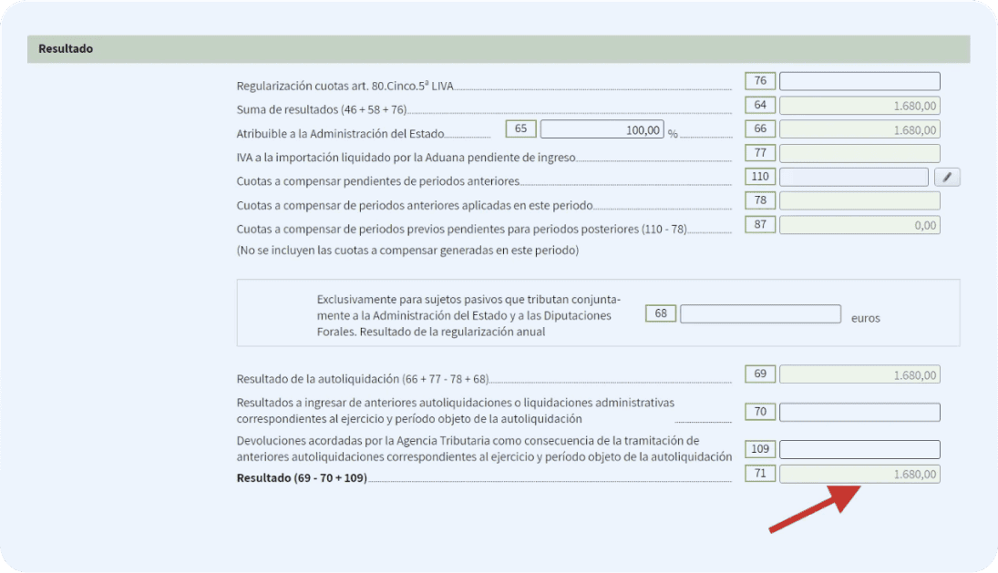 Modelo 303 - detalle de la casilla 71 con las opciones de pago de la declaración