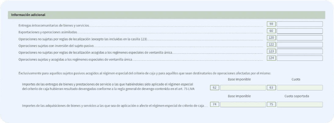 Modelo 303 - detalle de importes de operaciones sin IVA, casillas 59, 60, 120, 122, 123 y 124