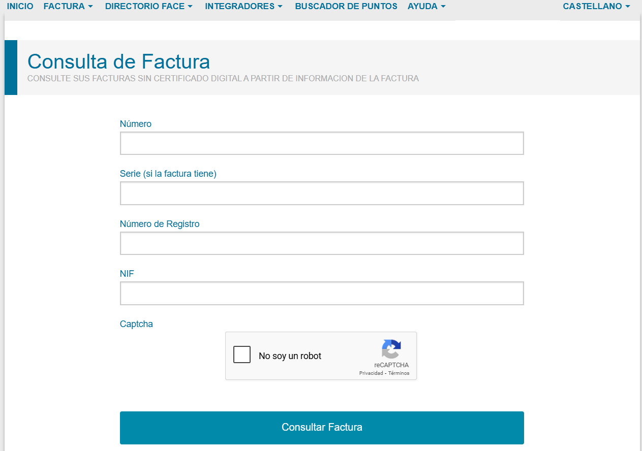 Pantalla de FACe donde se muestra donde puedes consultar el estado de tus facturas electrónicas enviadas a la Administración.