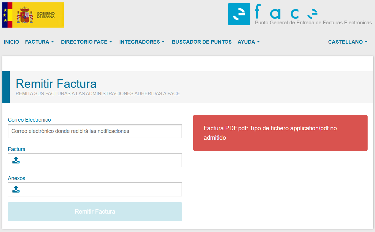 Pantalla de FACe donde se muestra mensaje de error cuando el autónomo intenta subir una factura en PDF (al no tener un formato electrónico válido)