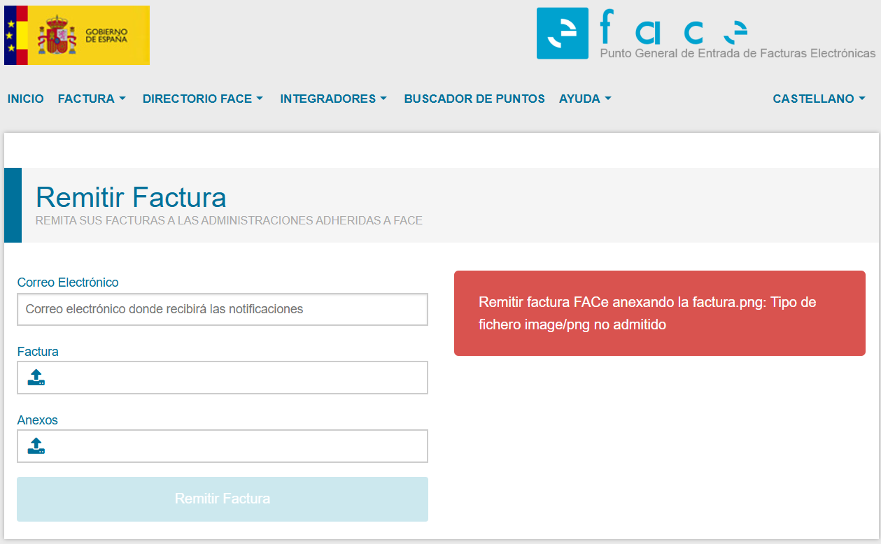 Pantalla de FACe donde al intentar subir una factura electrónica en formato inválido (como PNG), FACe te dará error.