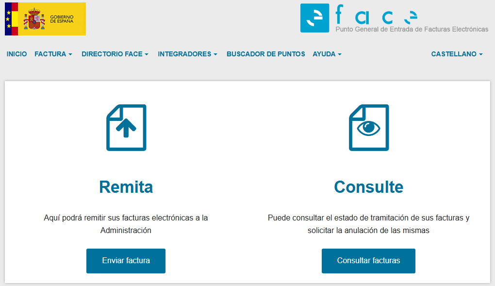 Pantalla de la plataforma FACe para enviar facturas electrónicas a la Administración.