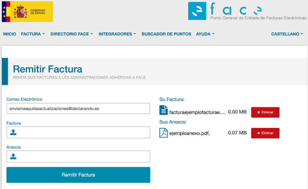 Pantalla de FACe donde se valida la factura cuando está en formato electrónico válido (facturae)