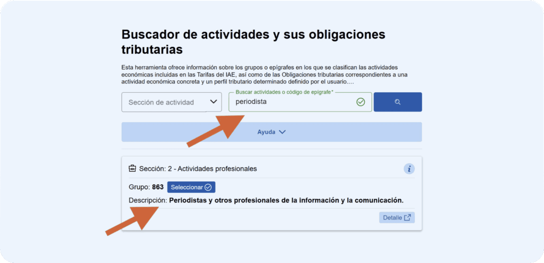 Pantalla de Hacienda donde se muestra el buscador de actividades y sus obligaciones tributarias donde el autónomo deberá buscar el epígrafe de su actividad para completar el modelo 036.