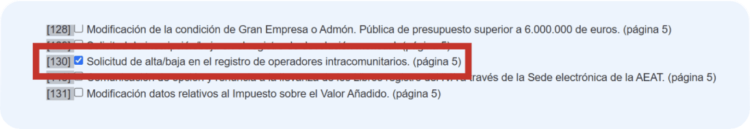 Pantalla del modelo 036 donde se detalla que el autónomo debe seleccionar la casilla 130 para el alta en el ROI o registro de operadores intracomunitarios