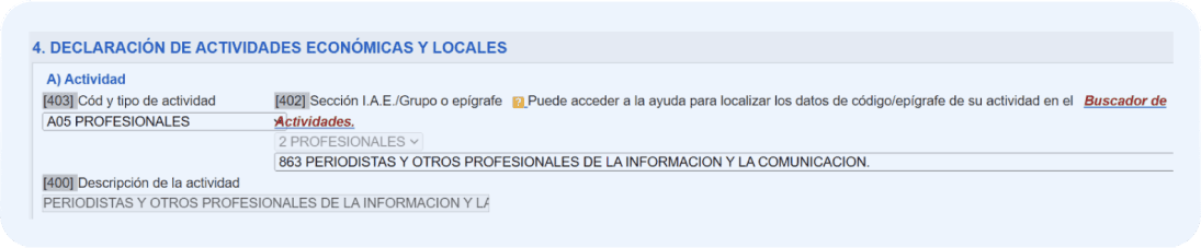 Pantalla del modelo 036 donde se muestra la descripción de la actividad en la casilla 400