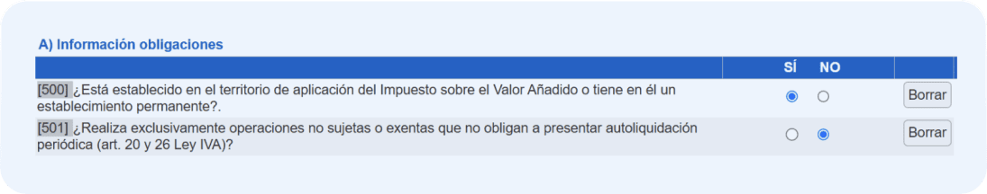 Pantalla del modelo 036 donde se muestra la sección de información obligaciones y se completan las casillas 500 y 501