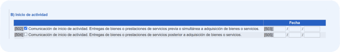 Pantalla del modelo 036 donde el autónomo deberá completar la casilla 502 y 503 en caso no deba comprar nada (materiales, herramientas) para empezar a vender.