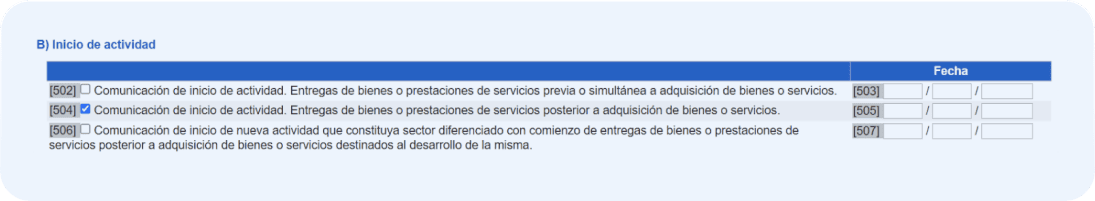Pantalla del modelo 036 donde el autónomo deberá completar la casilla 502 y 503 en caso deba comprar (materiales, herramientas) para empezar a vender.
