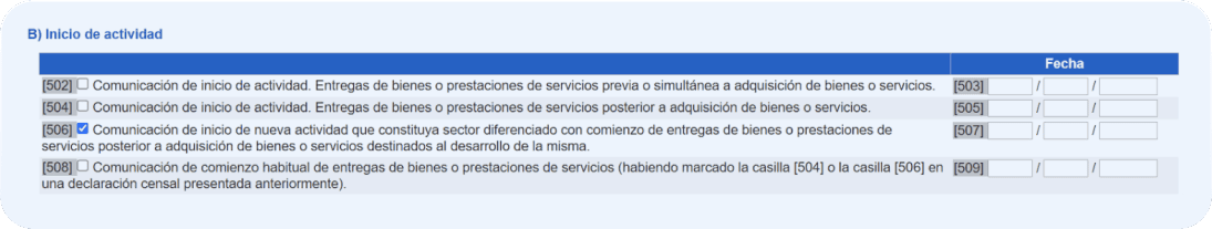 Pantalla del modelo 036 donde se señala la casilla 506