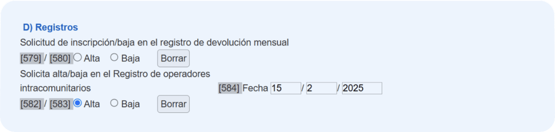 Pantalla del modelo 036 donde se muestra la casilla 582, 583 y 584 seleccionadas.