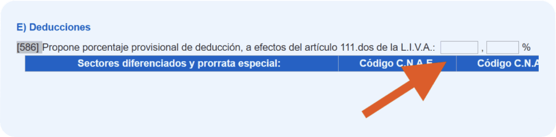 Pantalla del modelo 036 donde se muestra seleccionada la casilla 586
