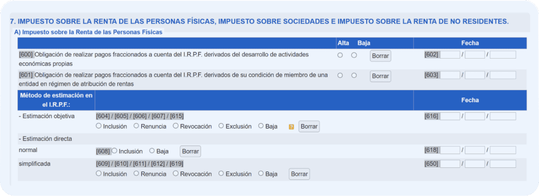 Pantalla del modelo 036 donde se como autónomo solo le interesa el apartado A del IRPF, que es el impuesto por el que tributa tu actividad en la casilla 600