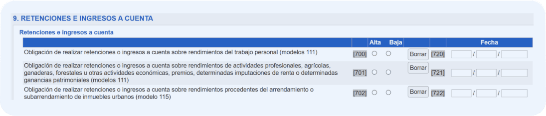 Pantalla del modelo 036 donde se debe completar la casilla 722