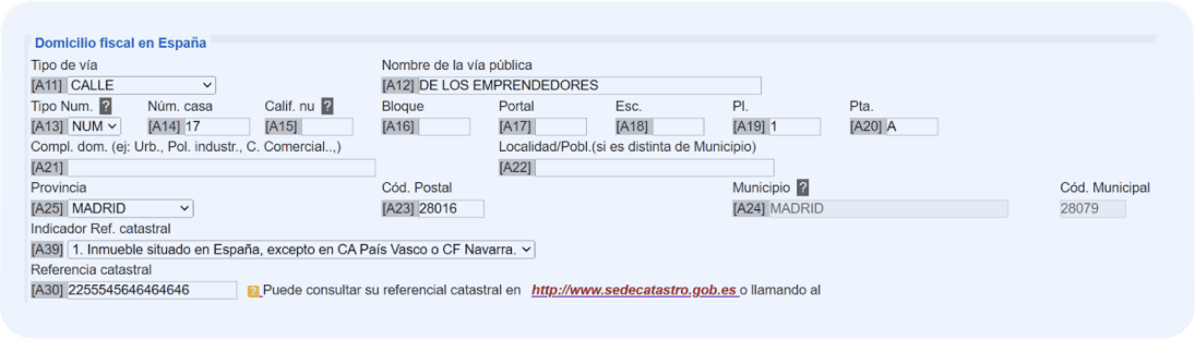 Pantalla del modelo 036 donde se señala la casilla a30.