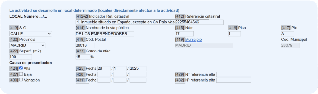 Detalle de cómo rellenar el modelo 036, locales en los que se desarrolla la actividad.