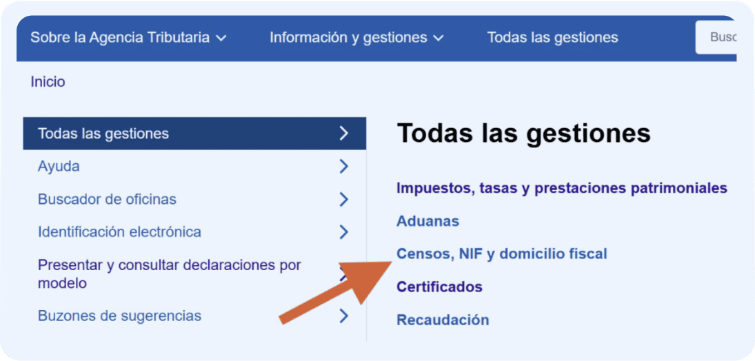Pantalla de la Agencia Tributaria donde se detalla cómo se debe completar el primer paso (Elegir censos, NIF y domicilio fiscal) para presentar el modelo 036.
