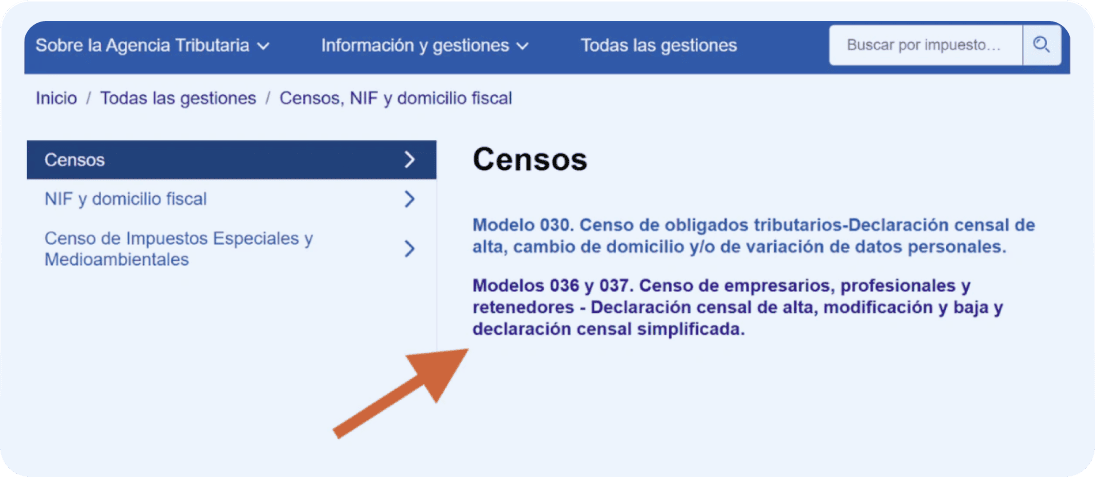 Pantalla de la Agencia Tributaria donde se señala el segundo paso, elegir censos, para completar la solicitud del modelo 036.
