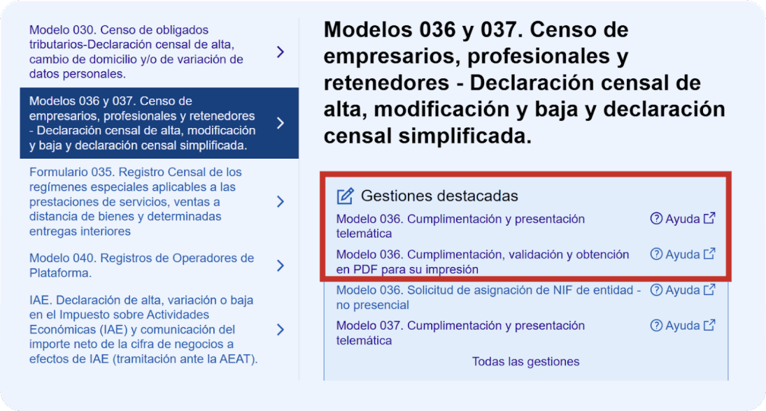 Pantalla de la Agencia Tributaria donde se detallan las opciones para presentar el modelo 036, paso 3: elegir via telemática o pdf