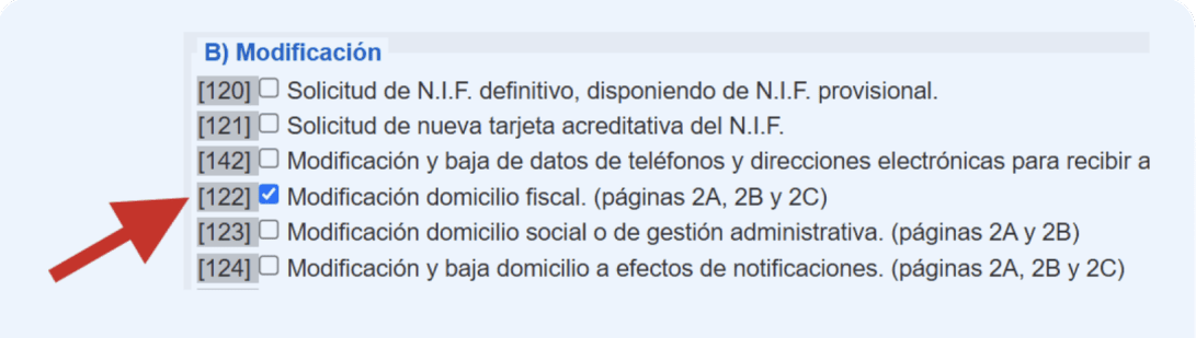Pantalla del Modelo 036 donde se señala la casilla 122 en caso el autónomo quiera cambiar el domicilio fiscal.