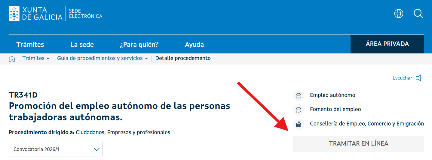 Clica en Tramitar en línea para solicitar tu cuota cero en Galicia