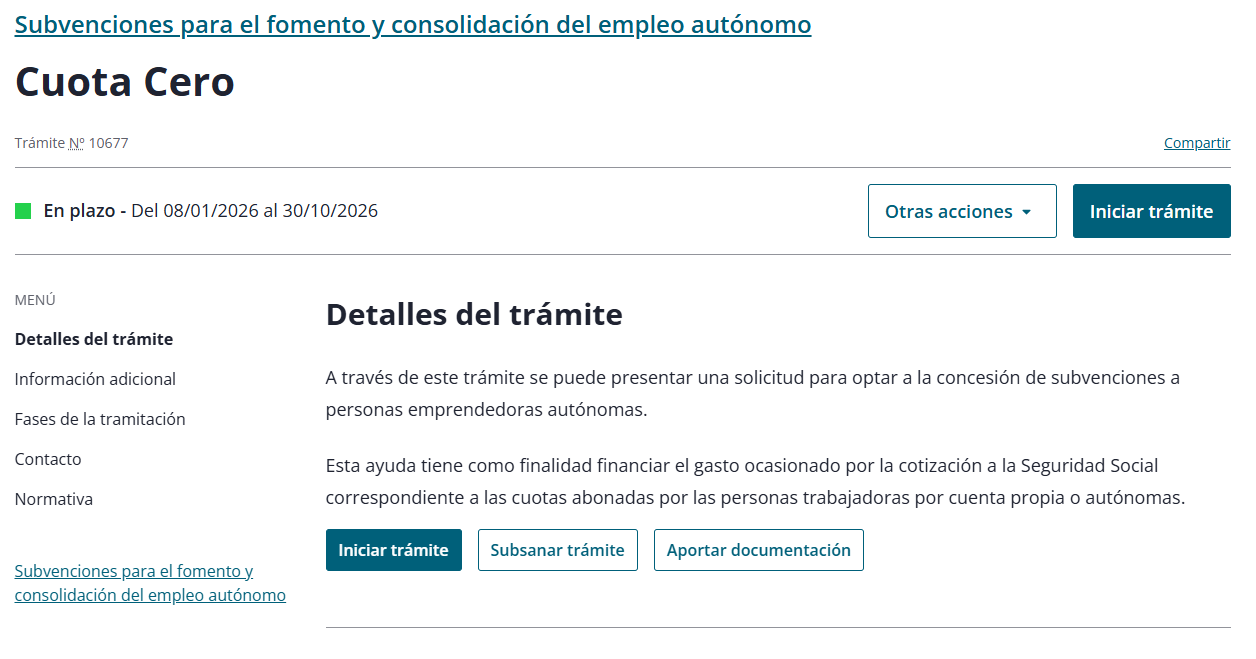 Clica en Iniciar trámite para solicitar la cuota cero de autónomos en Aragón.