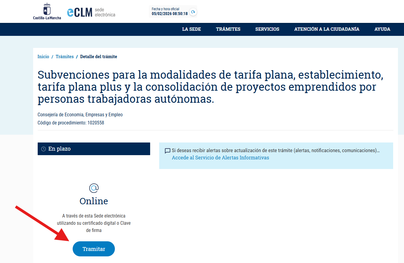 Clica en Tramitar para solicitar la cuota cero de autónomo en la sede electrónica del Gobierno de Castilla La Mancha.