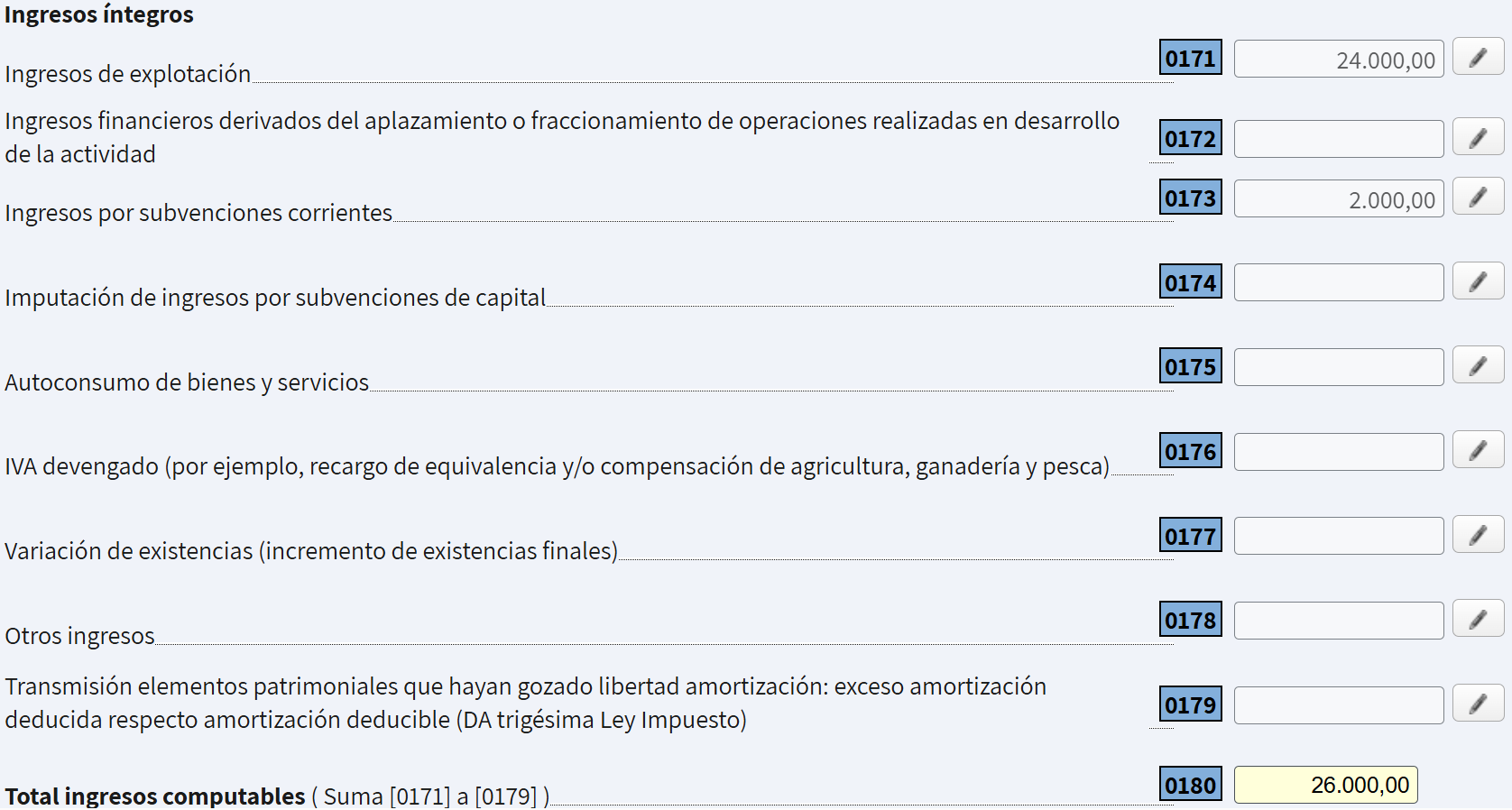 Pantalla de la seguridad social, sede electrónica, que muestra cómo declarar los ingresos de autónomo en la renta, completando la casillas 0171, 0173, 0180