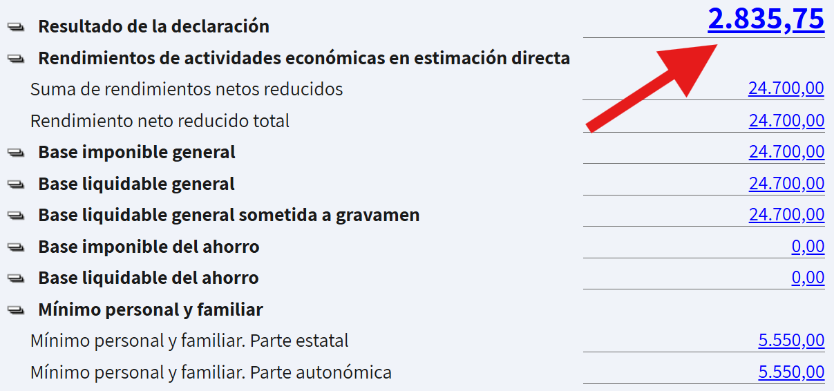 Pantalla que muestra el monto a pagar si no aplicas los gastos deducibles en tu declaración de la renta.
