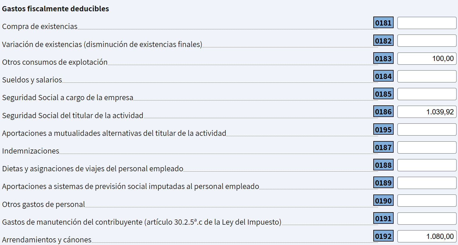 Pantalla de ejemplo de gastos fiscalmente deducibles en tu renta de autónomo en las casillas 0181 a 0192