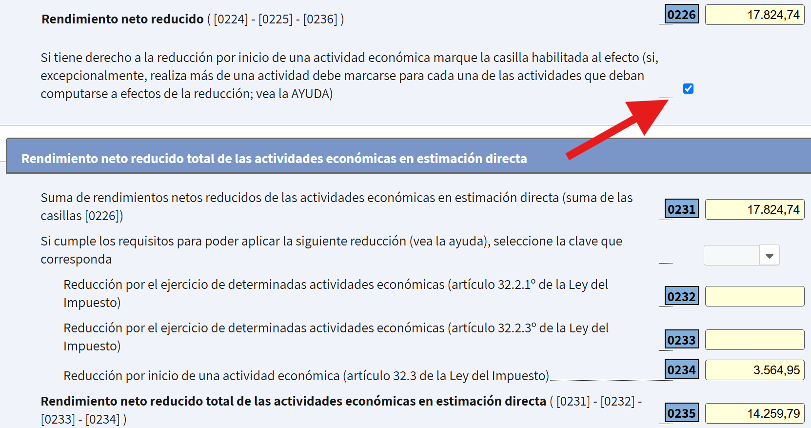 Pantalla donde se muestra un ejemplo de reducción en tu renta de autónomo por inicio de actividad.